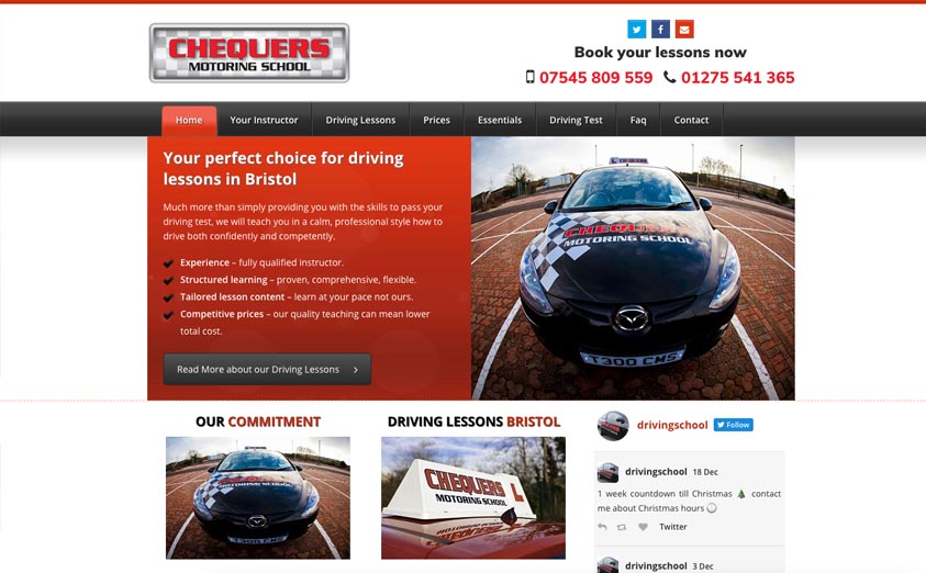 A screenshot of the Chequers School of Motoring website
