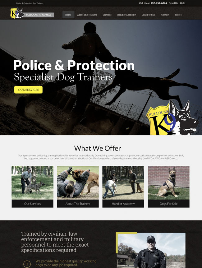 A preview of the Bullocks K9 dog training website we designed