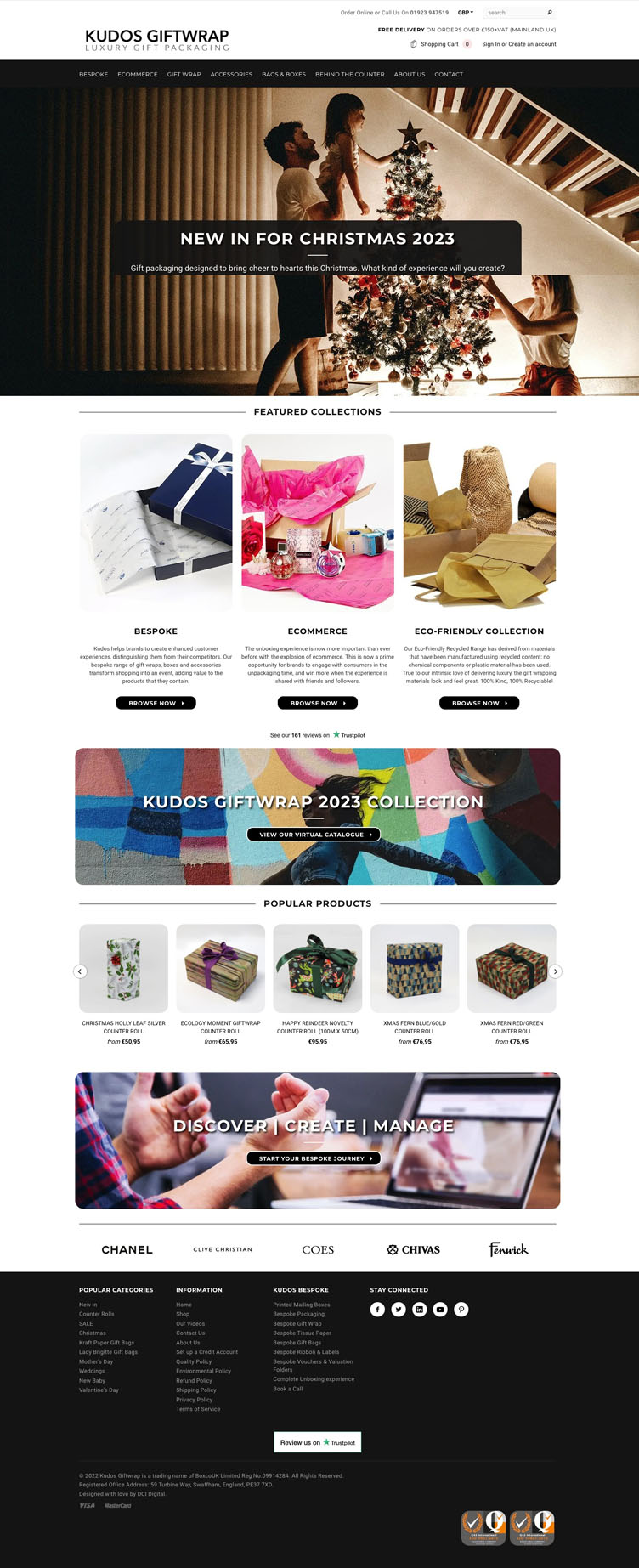 A full mock of an e-commerce website designed for Kudos Giftwrap