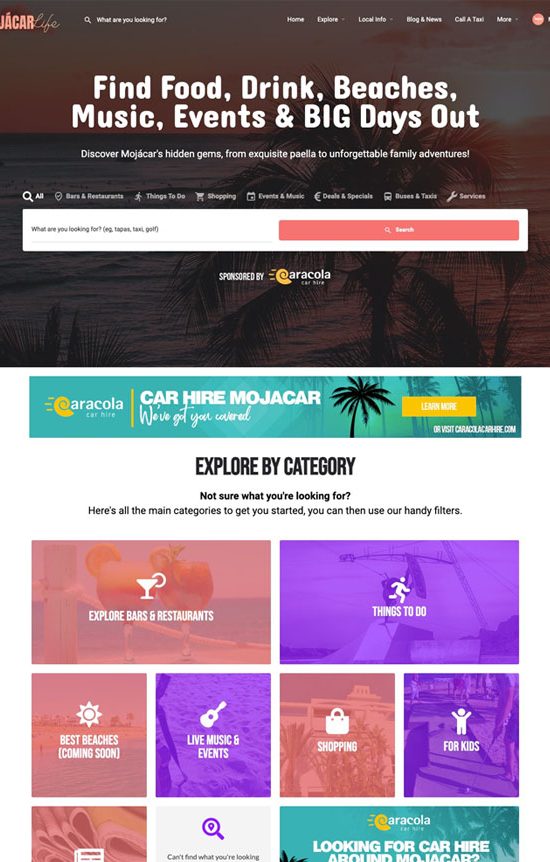 A preview of a directory website designed and built for Mojacar Life
