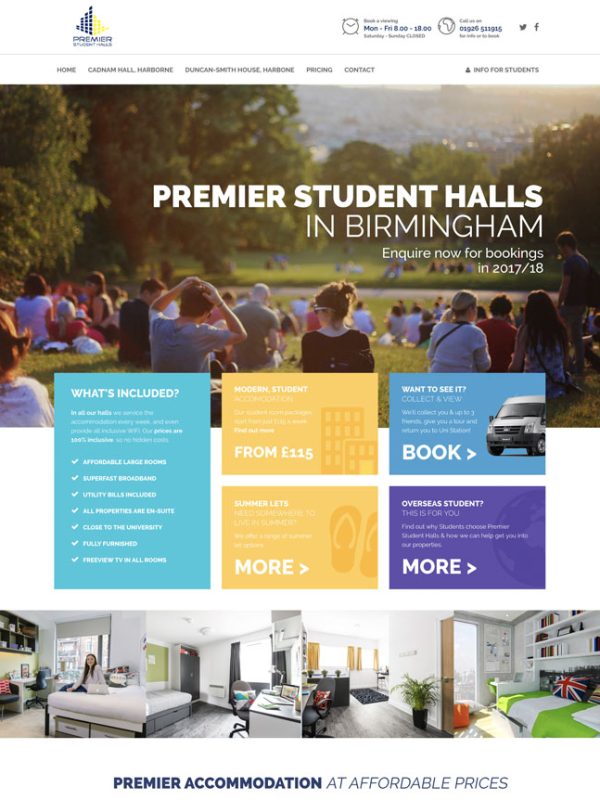 A preview of a DCI Digital website design for Premier Student Halls in Birmingham