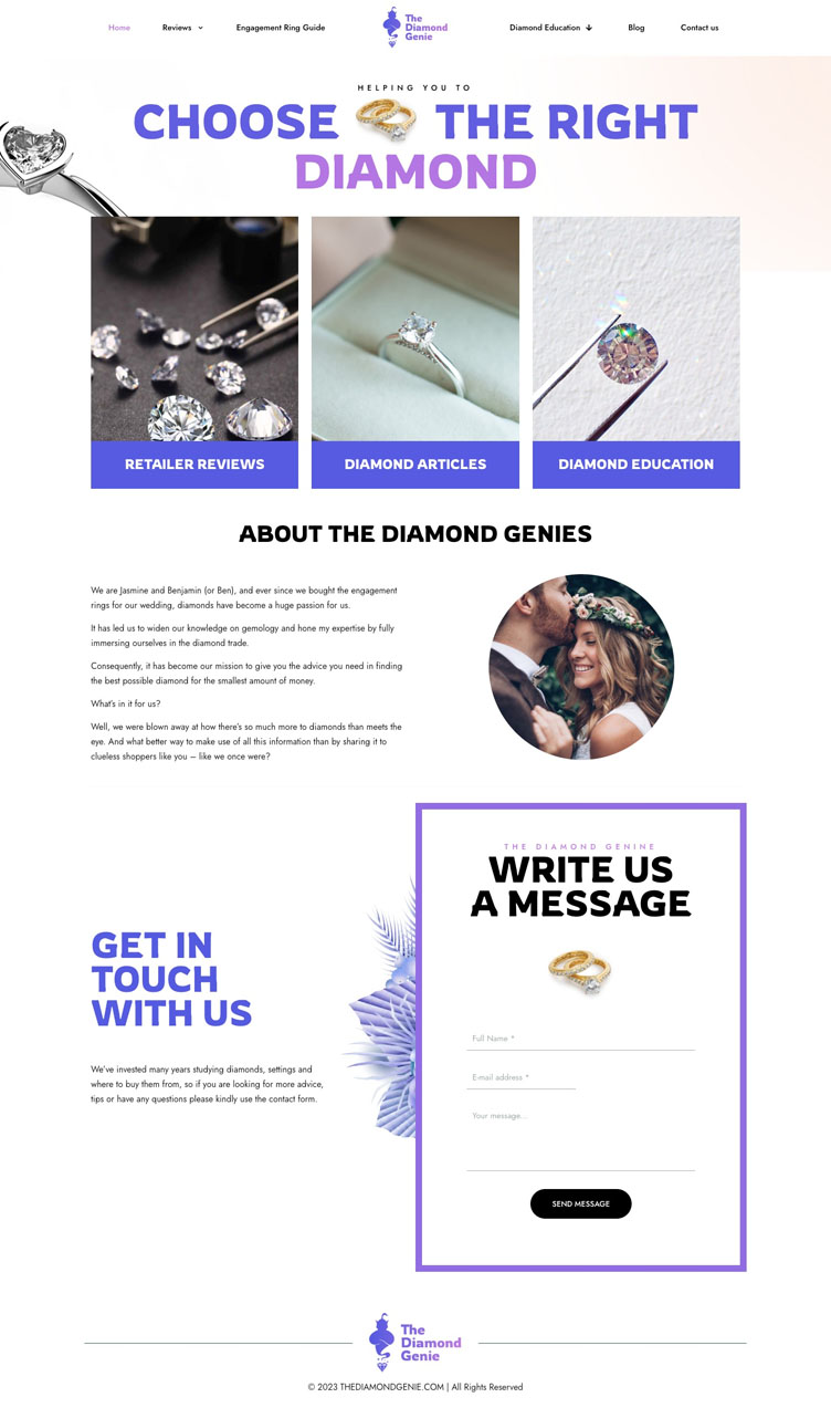 A full mock-up of the web design DCI Digital created for The Diamond Genie