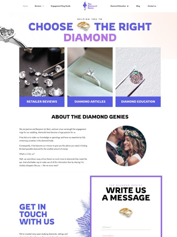 A preview of the web design DCI Digital created for The Diamond Genie