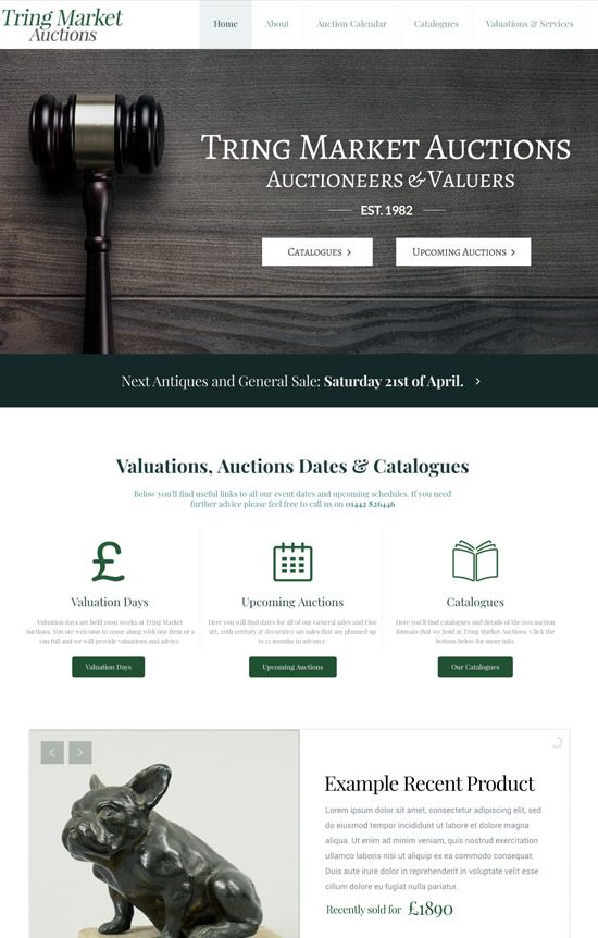 A preview of a web design we completed for Tring Market Auctions